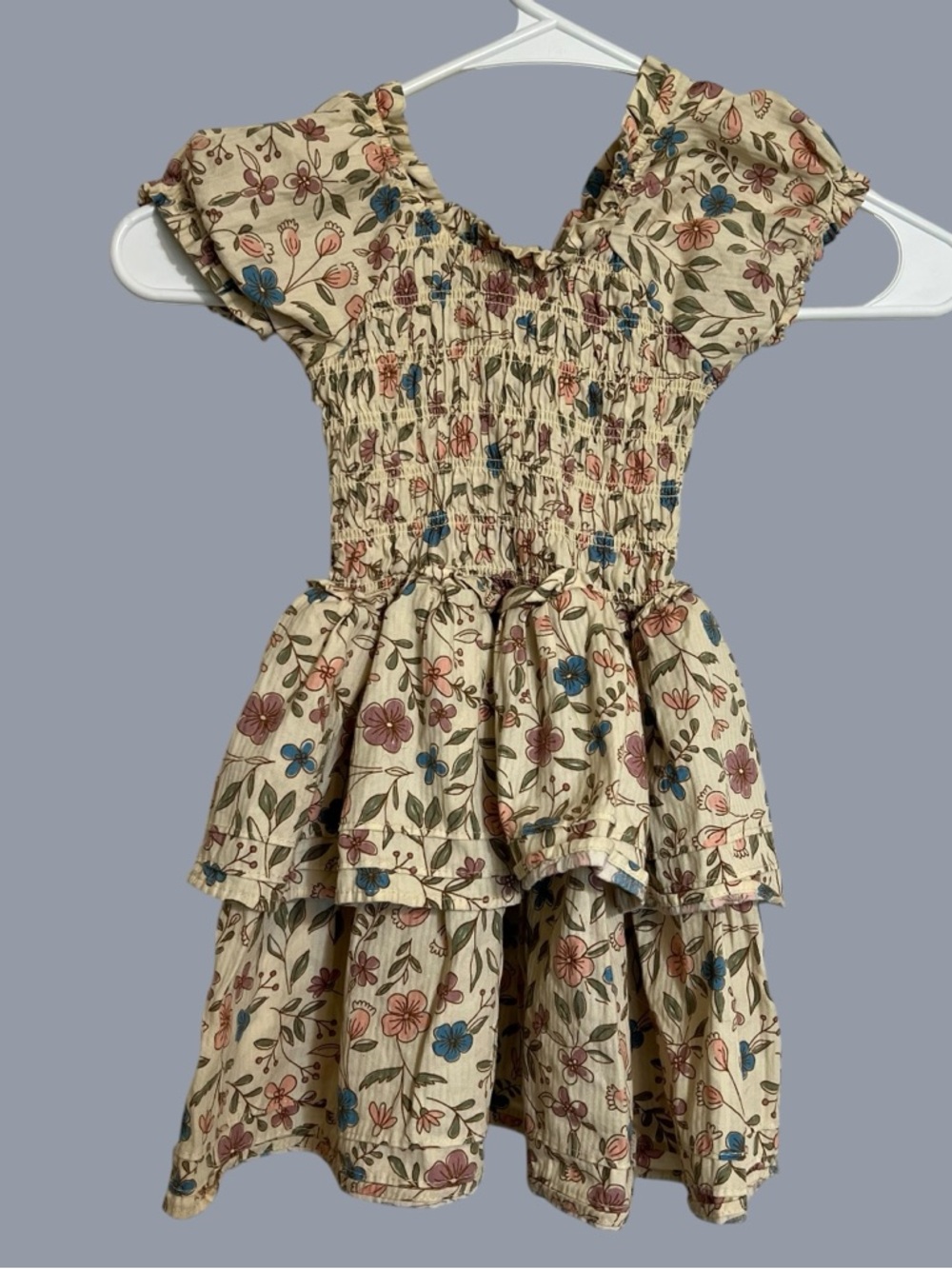 Girls Cream Floral Tiered Smocked Dress with Pink & Blue Flowers